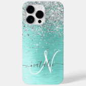 ティール（緑がかった色）ブラッシュメタル銀グリッターモノグラム名 Case-Mate iPhoneケース (裏面)
