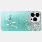 ティール（緑がかった色）ブラッシュメタル銀グリッターモノグラム名 Case-Mate iPhoneケース (裏面 (横))