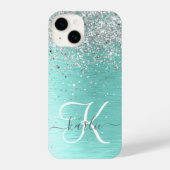 ティール（緑がかった色）ブラッシュメタル銀グリッターモノグラム名 iPhoneケース (裏面)