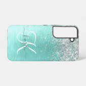 ティール(緑がかった色)ブラッシュメタル銀グリッターモノグラム名 SAMSUNG GALAXYケース (裏面横)