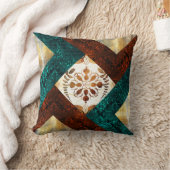 ティール(緑がかった色)、ブルゴーニュおよび金ゴールド幾何学的ダマスク クッション (ブランケット)