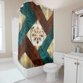 ティール（緑がかった色）、ブルゴーニュおよび金ゴールド幾何学的ダマスク シャワーカーテン (インサイチュ)