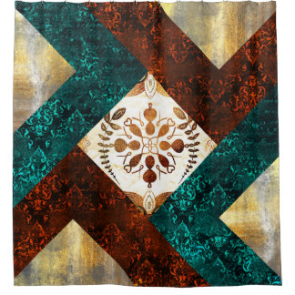 ティール（緑がかった色）、ブルゴーニュおよび金ゴールド幾何学的ダマスク シャワーカーテン