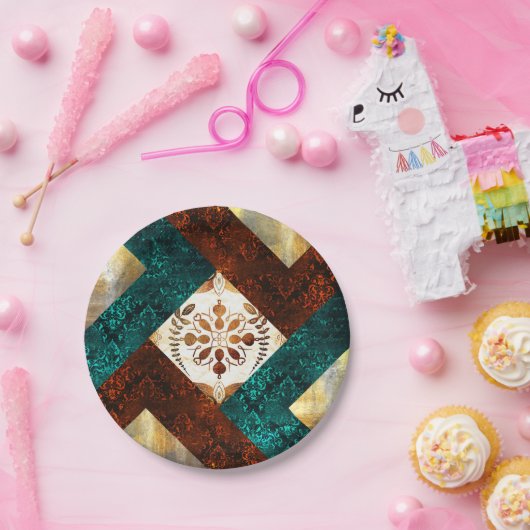 ティール（緑がかった色）、ブルゴーニュおよび金ゴールド幾何学的ダマスク ペーパープレート (パーティー)