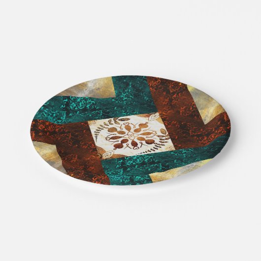 ティール（緑がかった色）、ブルゴーニュおよび金ゴールド幾何学的ダマスク ペーパープレート (アングル)