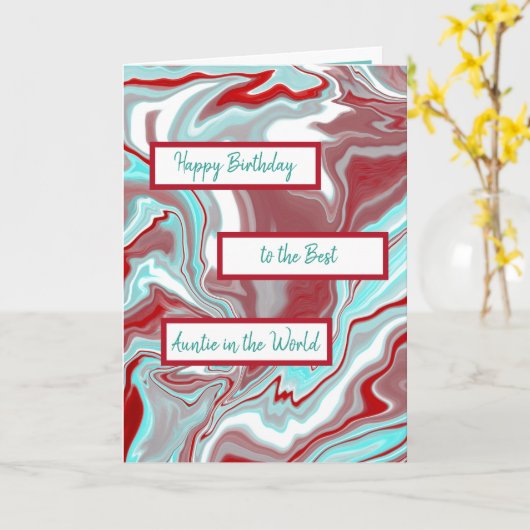 ティール（緑がかった色）ブルゴーニュ大理石フルードアートハッピーバースデー叔母 カード (黄色い花)