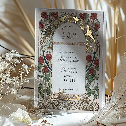 ティール(緑がかった色)ブルゴーニュ日付金ゴールド結婚の 箔招待状