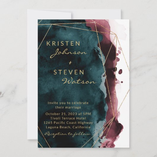 ティール(緑がかった色)&ブルゴーニュ水カラー結婚式招待状 招待状 (正面)