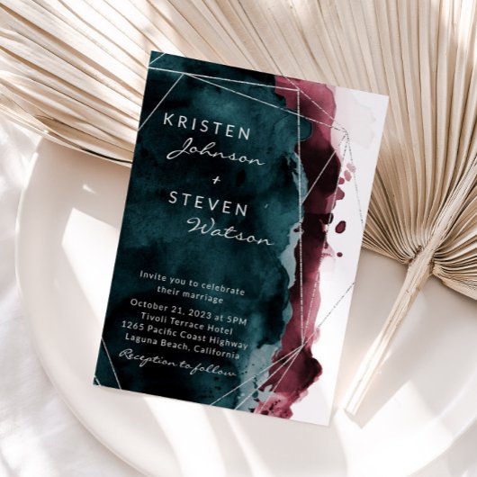 ティール（緑がかった色）&ブルゴーニュ水カラー結婚式招待状 招待状