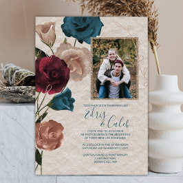 ティール（緑がかった色）、ブルゴーニュ、バラ金ゴールド結婚バラ 箔招待状