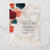 ティール（緑がかった色），ブルゴーニュ，バラ金ゴールド，ボホ庭園の結婚式 箔招待状 (正面)