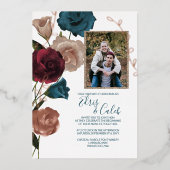 ティール（緑がかった色）、ブルゴーニュ、埃っぽいピンク結婚のホイル招待状 箔招待状 (正面)