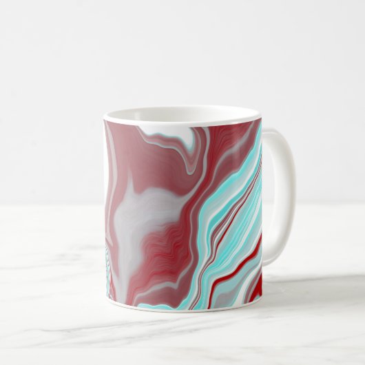 ティール（緑がかった色）、ブルゴーニュ、赤と白大理石の渦巻き コーヒーマグカップ (正面右)