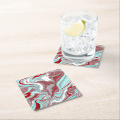 ティール(緑がかった色)、ブルゴーニュ、赤と白大理石の渦巻き スクエアペーパーコースター (インサイチュ)