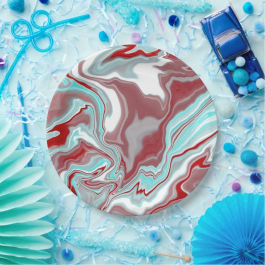 ティール（緑がかった色）、ブルゴーニュ、赤と白大理石の渦巻き ペーパープレート (パーティー)