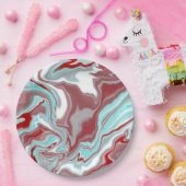 ティール（緑がかった色）、ブルゴーニュ、赤と白大理石の渦巻き ペーパープレート (パーティー)