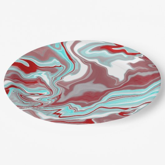 ティール（緑がかった色）、ブルゴーニュ、赤と白大理石の渦巻き ペーパープレート (アングル)