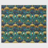 ティール(緑がかった色)、ブルーおよび金ゴールド孔雀ステンドグラス ラッピングペーパー (フラット)