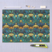 ティール（緑がかった色）、ブルーおよび金ゴールド孔雀ステンドグラス 薄葉紙 (クラフト)