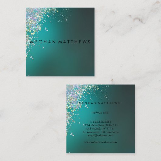 ティール(緑がかった色)ブルーかわいらしシルバーグリッターグラム美しい スクエア名刺 (正面/裏面)