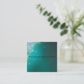 ティール(緑がかった色)ブルーかわいらしシルバーグリッターグラム美しい スクエア名刺 (スタンド正面)