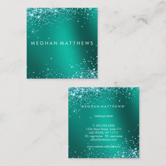 ティール(緑がかった色)ブルーかわいらしスパークルズ美しいメイクアップアーティスト スクエア名刺 (正面/裏面)