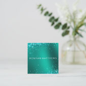 ティール（緑がかった色）ブルーかわいらしスパークルズ美しいメイクアップアーティスト スクエア名刺 (スタンド正面)