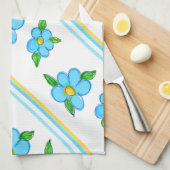 ティール(緑がかった色)ブルーとイエロー キッチンタオル (四つ折り)