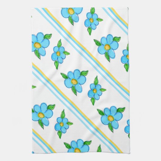 ティール(緑がかった色)ブルーとイエロー キッチンタオル (縦)