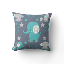 ティール（緑がかった色）ブルーとグレーのベビーゾウのパターンプリント