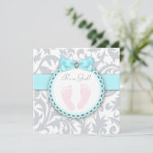 ティール（緑がかった色）ブルーとグレーの足跡ベビーガールシャワー 招待状 (スタンド正面)