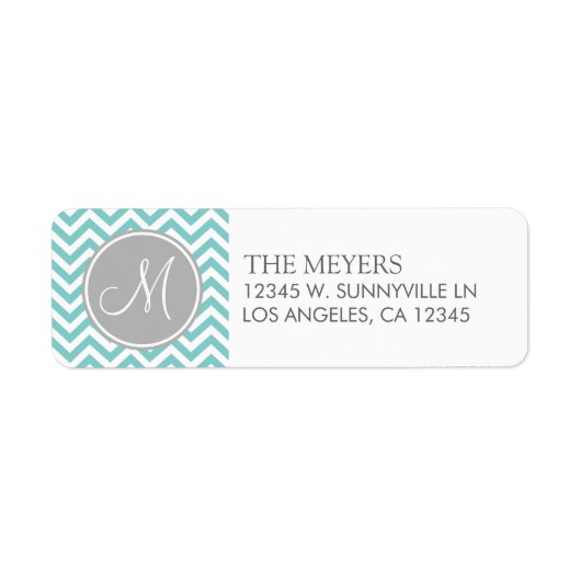 ティール(緑がかった色)ブルーとグレーモダンシェブロンとモノグラム ラベル (正面)