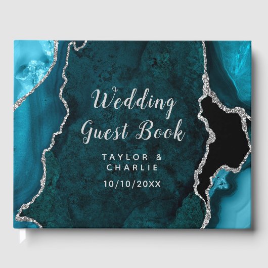 ティール（緑がかった色）ブルーとシルバーのアガテマーブル結婚ズ ゲストブック (正面)