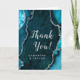 ティール（緑がかった色）ブルーとシルバーのアガテマーブル結婚ズ サンキューカード