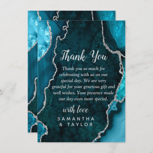 ティール(緑がかった色)ブルーとシルバーのアガテマーブル結婚ズ サンキューカード (正面/裏面)