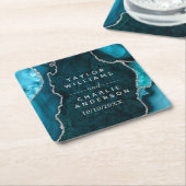 ティール（緑がかった色）ブルーとシルバーのアガテマーブル結婚ズ スクエアペーパーコースター (アングル)