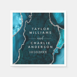 ティール（緑がかった色）ブルーとシルバーのアガテマーブル結婚ズ スタンダードカクテルナプキン