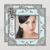 ティール（緑がかった色）ブルーとシルバーフォト甘い16誕生日パーティー 招待状 (正面/裏面)