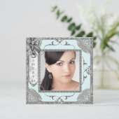 ティール（緑がかった色）ブルーとシルバーフォト甘い16誕生日パーティー 招待状 (スタンド正面)