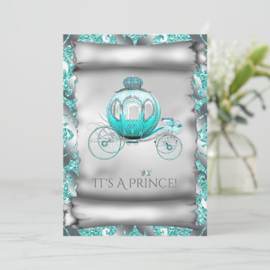 ティール(緑がかった色)ブルーとシルバープリンスベビーシャワー 招待状 (スタンド正面)