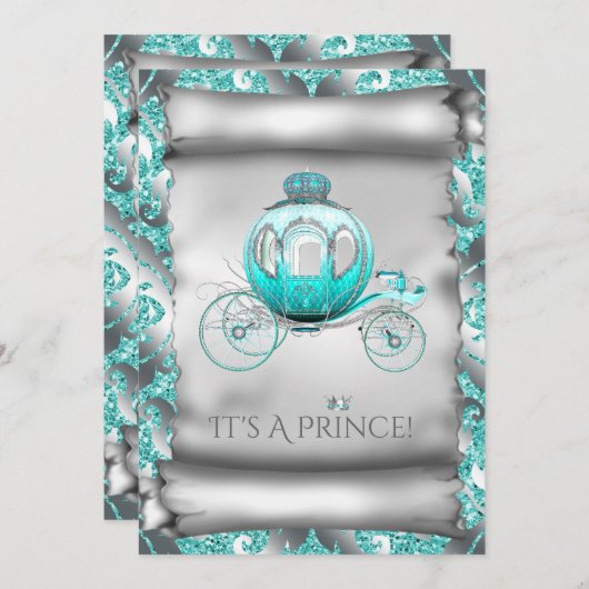 ティール（緑がかった色）ブルーとシルバープリンスベビーシャワー 招待状 (正面/裏面)
