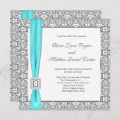ティール（緑がかった色）ブルーとシルバー結婚ズ 招待状 (正面/裏面)