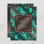 ティール（緑がかった色）ブルーとチョコレートブラウン結婚ズ 招待状 (正面/裏面)