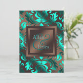 ティール（緑がかった色）ブルーとチョコレートブラウン結婚ズ 招待状 (スタンド正面)