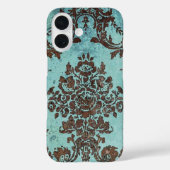 ティール（緑がかった色）ブルーとチョコレートヴィンテージダマスクパターン Case-Mate iPhoneケース (裏面)