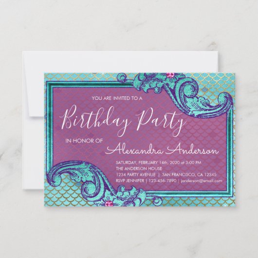 ティール(緑がかった色)ブルーとパープルの人魚はかりで測誕生日パーティー 招待状 (正面)