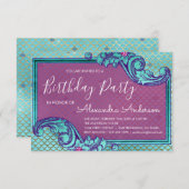 ティール(緑がかった色)ブルーとパープルの人魚はかりで測誕生日パーティー 招待状 (正面/裏面)