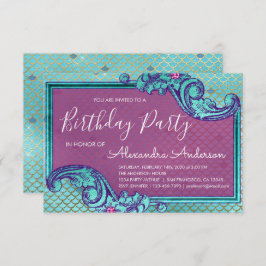 ティール（緑がかった色）ブルーとパープルの人魚はかりで測誕生日パーティー 招待状