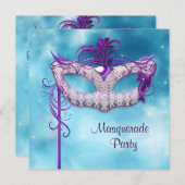 ティール（緑がかった色）ブルーとパープルマスカレードパーティー 招待状 (正面/裏面)