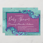 ティール（緑がかった色）ブルーとパープルマーメイドベビーはかりで測シャワー 招待状 (正面/裏面)